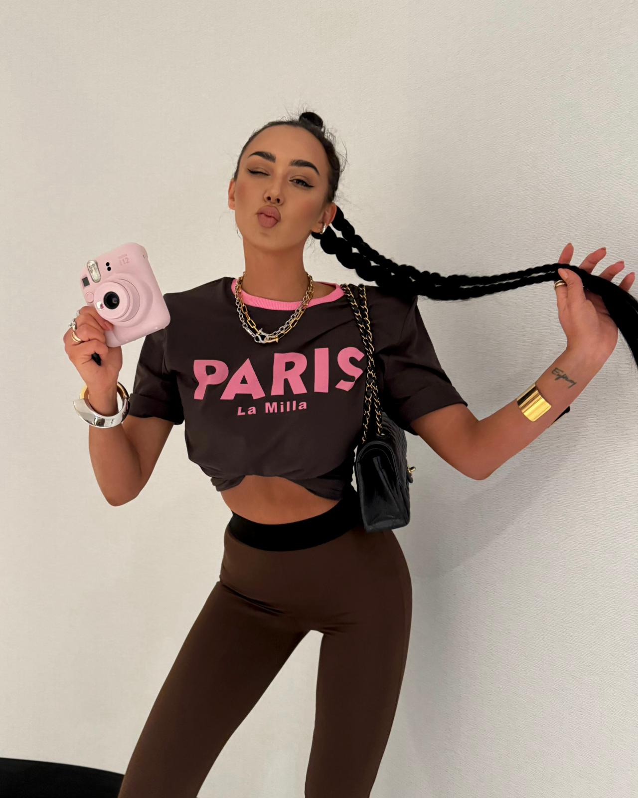 Legginsy z guma z logo w pasie La Milla - brązowy