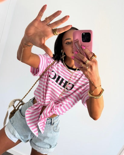 Bluzka z wiązaniem La Milla - różowo-białe paski