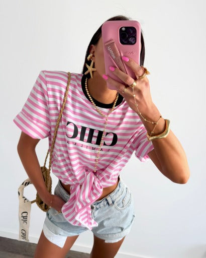 Bluzka z wiązaniem La Milla - różowo-białe paski