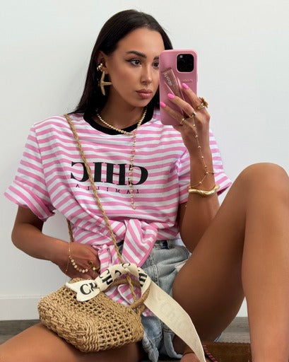 Bluzka z wiązaniem La Milla - różowo-białe paski