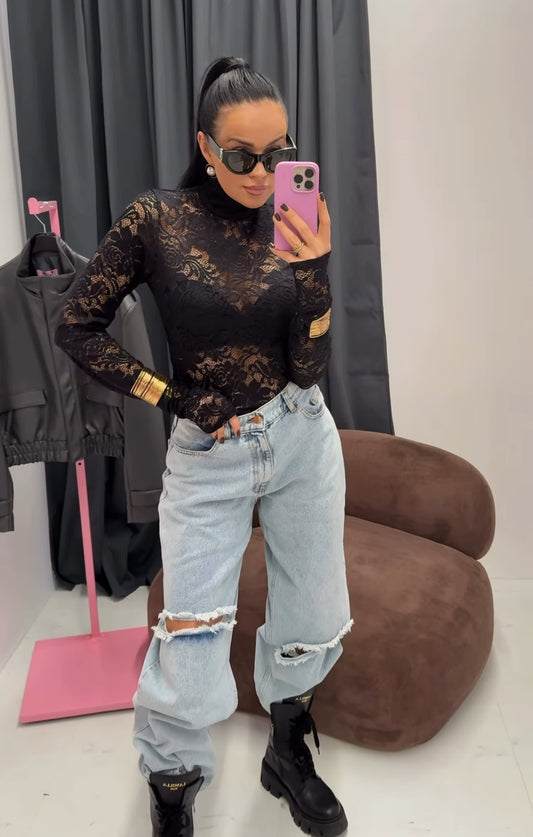 Bluzka koronkowa z golfem La Milla - czarny