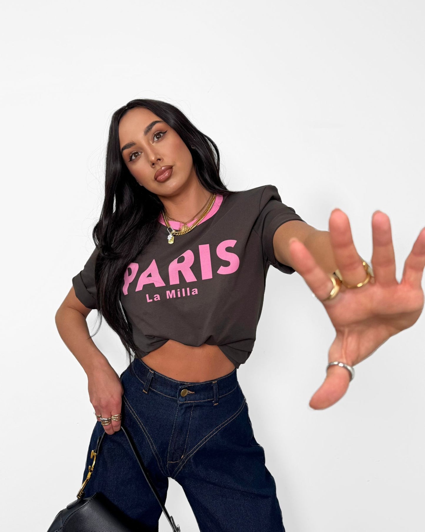 T-shirt Paris La Milla - brązowy z różowym napisem